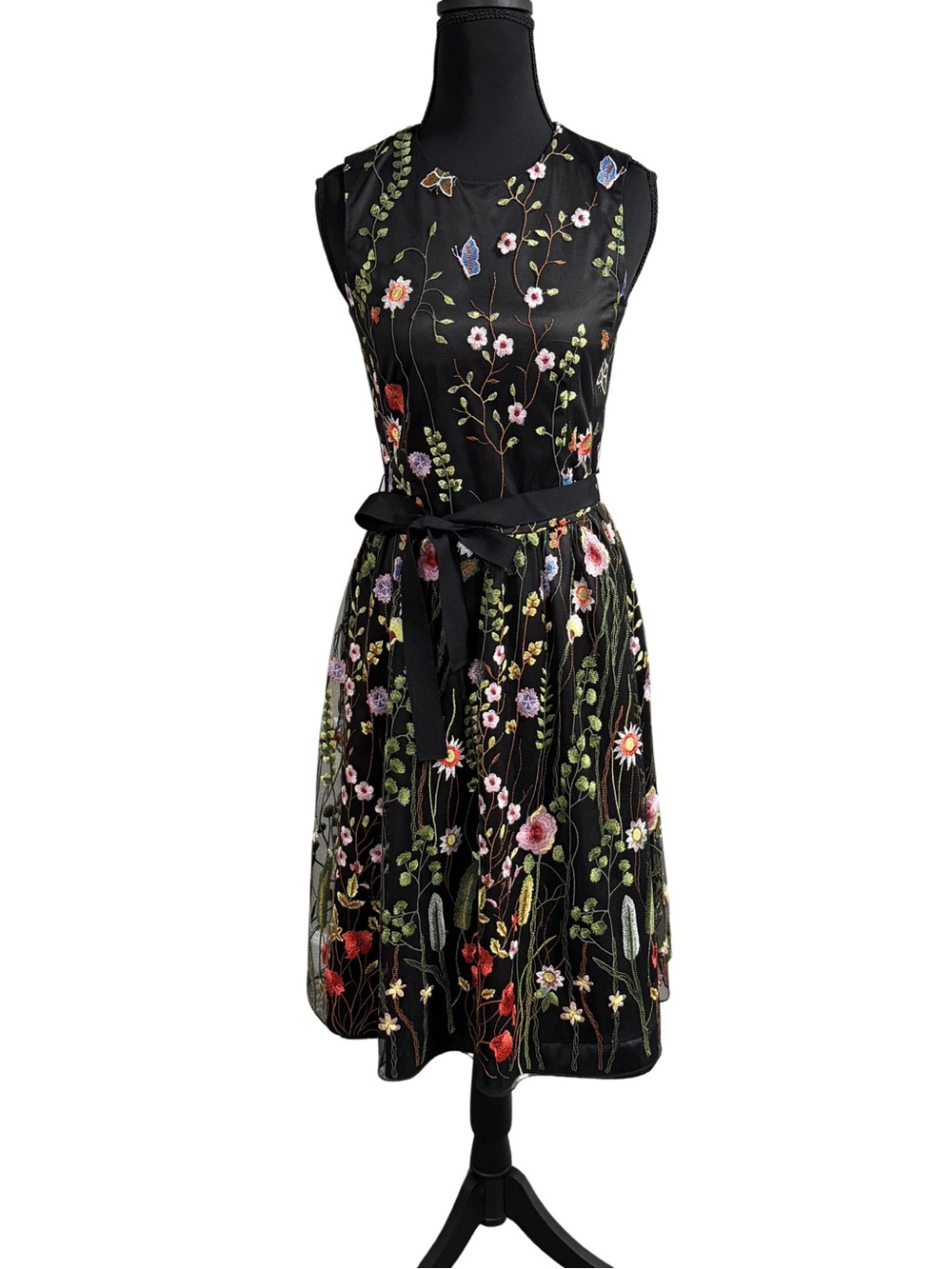 Pink Tartan Black Floral Embroidered Midi Dress